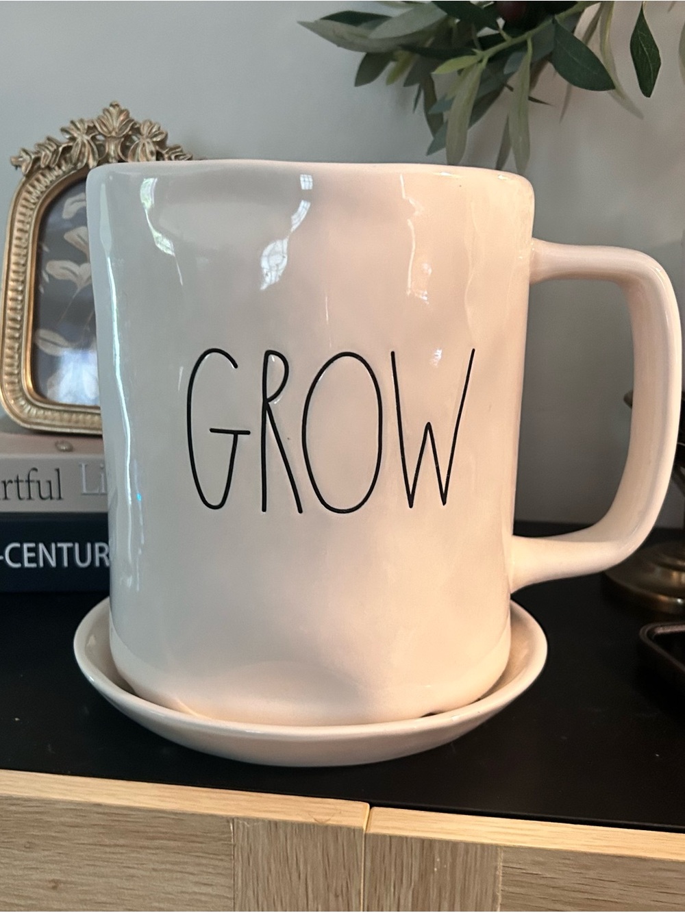 Rae Dunn GROW Oversized Mug Planter w/ Saucer Large Ceramic HTF